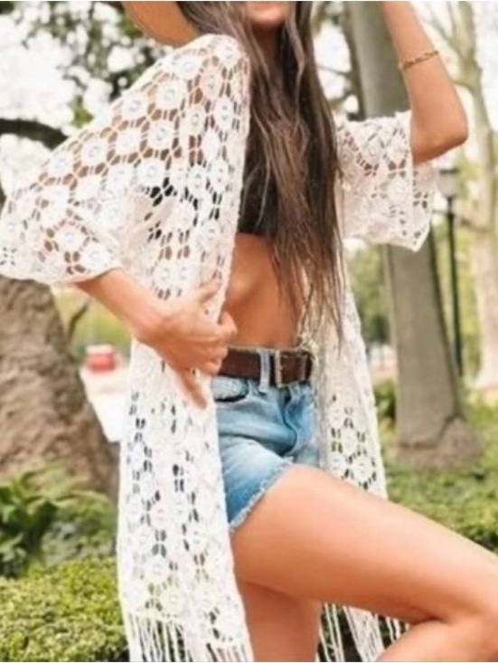 Rebellion Tops - Boho crochet open front kimono with fringe cream medium. Festival beach